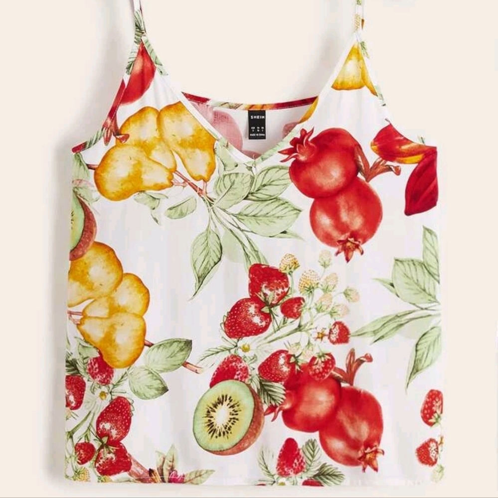 New White Fruit Print Adjustable Strap Summer Cami Tank Top XL Super Cute Spring